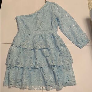 NWT Layered With Love Elegant One-Shoulder Lace Dress in Light Blue Size L